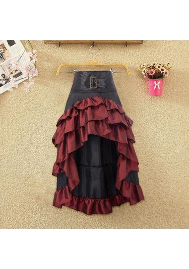 Kadın Etek Yüksek Bel Düzensiz Fırfır Patchwork Renk Eşleştirme Retro Dağınık Ortaçağ Kraliyet Tarzı Bayan Maxi Etek Performans Kostüm Siyah