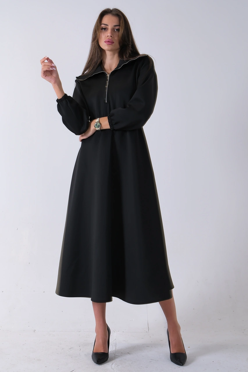 Feminist Siyah Yaka Fermuar Detaylı Bel Ve Bileği Lastikli Kemerli Scuba Elbise 4593455.01 Siyah