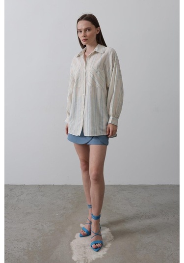 Gömlek - Bej Mavi Karışık