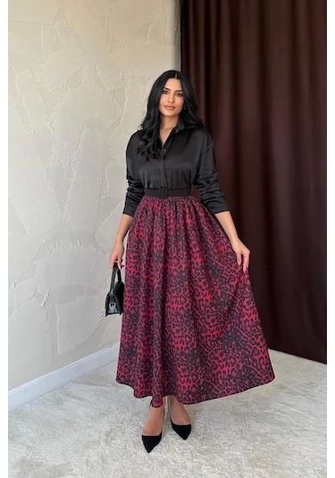 Bordo Leopar Büzgülü Uzun Etek Bordo