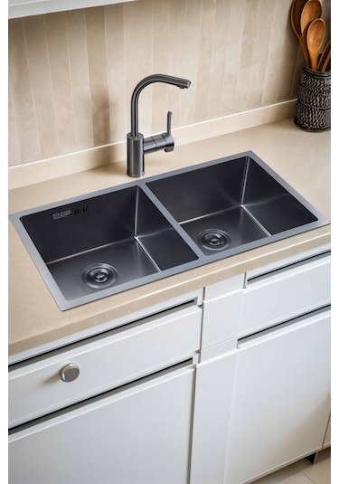 Han Serisi %100 Krom 82x45 İki Göz Paslanmaz Mutfak Eviyesi, Mutfak Lavabosu Sifon Dahil Siyah