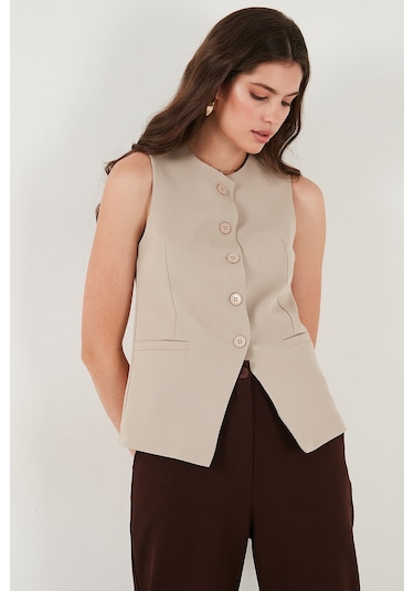 Lela Regular Fit Bisiklet Yaka Kolsuz Düğmeli Basic Bluz Bayan Yelek 65200004 Taş