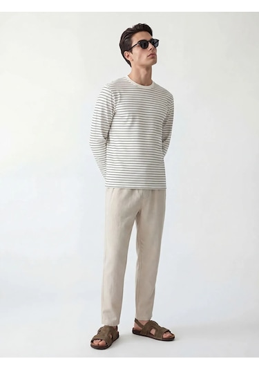 Lc Waikiki Ekru Bisiklet Yaka Çizgili Erkek Sweatshirt