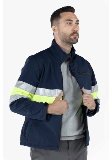 Çift Sıra Reflektörlü Neon Softshell Mont Lacivert - Sarı