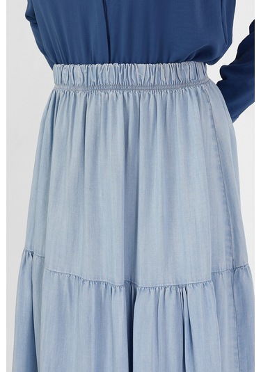 Beli Lastikli Büzgülü Tensel Etek Açık Mavi