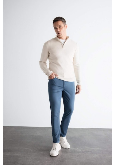 Defacto Chino Kanvas Pantolon Slim Fit Dar Kesim Pamuklu Esnek Dar Paça C9441AX24AUIN264 İndigo