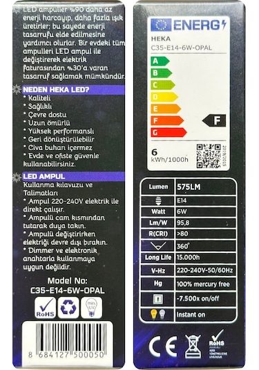 2 Adet Heka 6w 51w 3000k Günışığı E14 Duylu İnce Duy Soft Mum Ampul