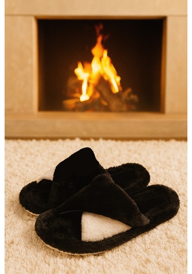 Softıe Çapraz Kadın Ev Terliği Kışlık Terlik Sessiz Taban Siyah