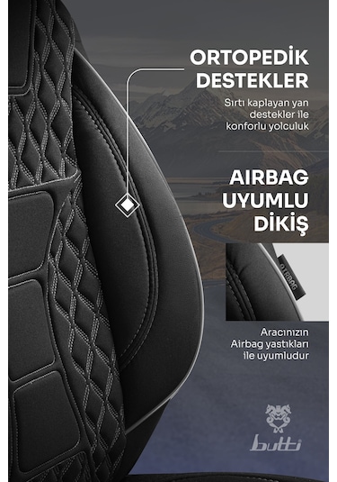 Siyah - Gri Buttı Speedy Serisi Premium Oto Koltuk Kılıfı Ortopedik Destekli, Ön Arka Tam Set, Aırbag Uyumlu