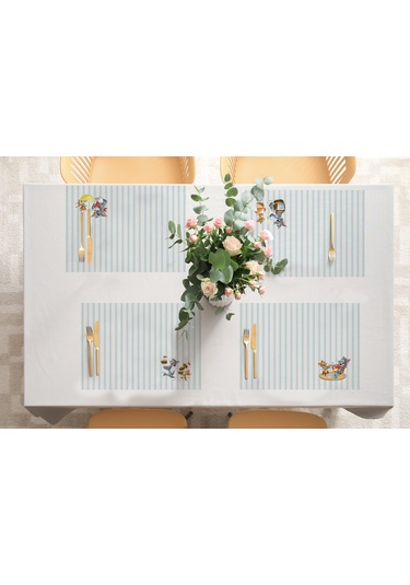 Adawall Home Tom And Jerry Striped Kumaş Amerikan Servis 4'lü Set Beyaz - Mavi