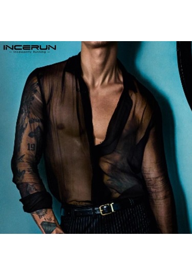 İncerun Yaz Erkek Uzun Kollu Gömlek İnce Düğme Clubwear Parti Siyah Üstler Siyah