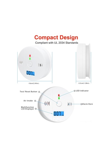Kosona Ev İçin Karbon Monoksit Alarmı - Co Sızıntı Tespit Cihazı, 85db Alarm, Lcd Ekran, Akıllı Güvenlik Koruma