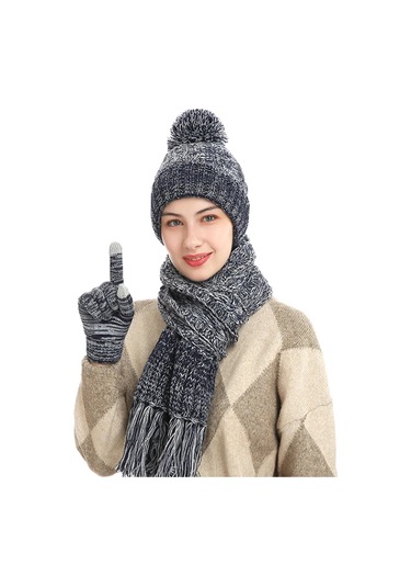 Erkek Kış Sıcak Şapka Atkı Ve Dokunmatik Ekran Eldiveni Kış Şapkası Kaymaz Kış Eldiveni Koyu Mavi