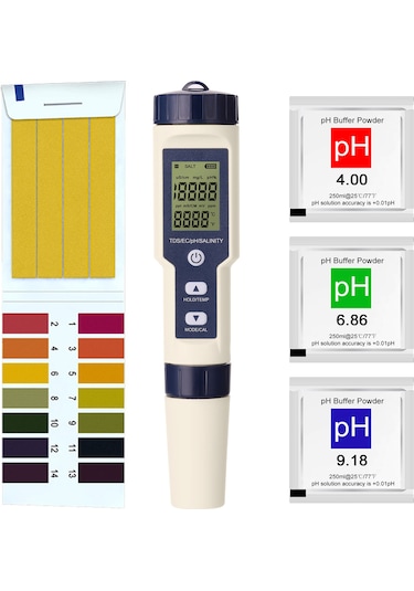 5'i 1 Arada Profesyonel Çok Parametreli Kombo Test Cihazı Ph/ec/tds/tuzluluk/termometre Dijital Çok Fonksiyonlu Test Cihazı Su Kalitesi Test Cihazı