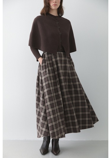 Kahverengi Deri Şeritli Ekoseli Etek - 4977 Kahverengi