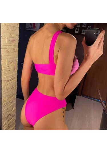 Seksi Asimetrik Ekleme Tek Omuz Kadın Mayo Tek Parça Mayo Kadın Monokini Kesik Bather Mayo Yüzme Pembe