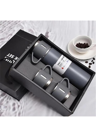 Kişiselleştirilebilir 3 Bardaklı Çelik Termos 05 Lt Gri Gri