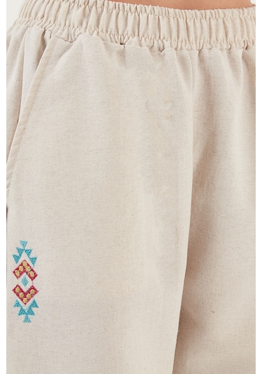 Lela Bohem Işlemeli Keten Ve Pamuk Karışımlı Şalvar Bayan Pantolon 5865050 Bej