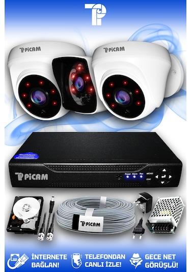 Picam 3 Kameralı Kare 2 İç Kamera Set 250 GB HDD Full HD Gece Görüşlü Güvenlik Kamerası Sistemi