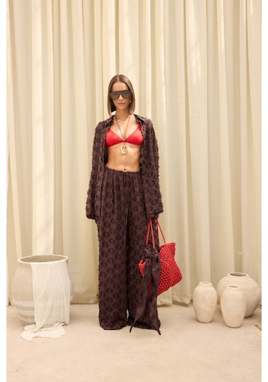 Mai Collection Sanary Bandana Detay Kahve Gömlek Pantolon Takım