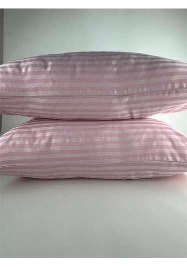 Çizgili Saten Pudra 2 Adet 50x70 Yastık Kılıfı Pudra