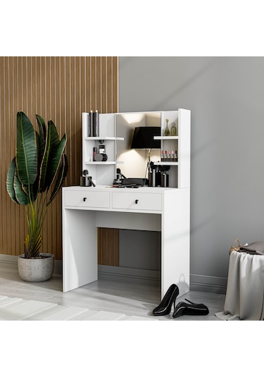 2210 Shıny Aynalı 2 Çekmeceli 80 Cm Makyaj Masası Beyaz