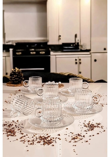 Çeyizci Çarşı 12 Parça Cam Kahve Fincan Seti Origami Çizgili Desen Nescafe Fincanı Cam Tabaklı Çay Takımı 125cc Şeffaf
