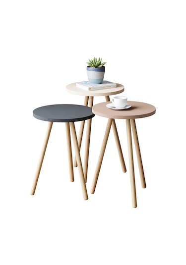 İntergo Renkli Üçlü Zigon Sehpa Ahşap Ayaklı Yuvarlak Pastel Tasarım Cappuccino-Gri-Krem