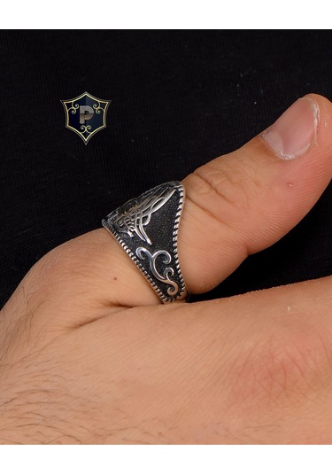 Prestij Gümüş 925 Ayar Gümüş Erkek Baş Parmak Zihgir Tuğralı Motifli Yüzük