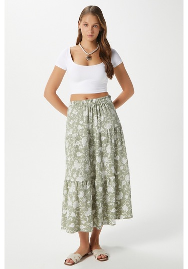 Kadın Caty Bel Lastikli Haki Krem Uzun Etek Yeşil