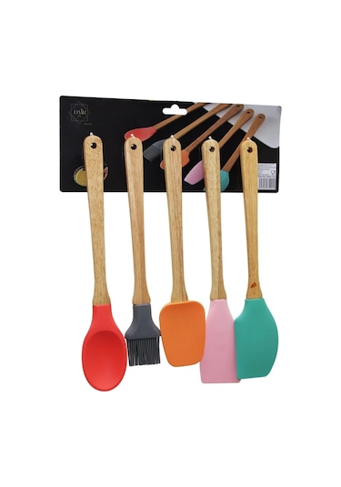 5 Parça Ahşap Saplı Büyük Renkli Silikon Mutfak Set Fırça - Kaşık - Servis K. - Spatula - Karıştırıc Çok Renkli