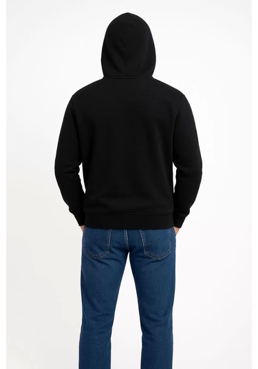 Erkek Üç İplik Kapüşonlu Kanguru Cepli Sweatshirt Hoodie - Siyah Siyah