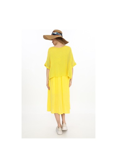 İtalyan Müslin Keteni Üstü File Bluzlu Astarlı Tek Parça Elbise-9256 Sarı