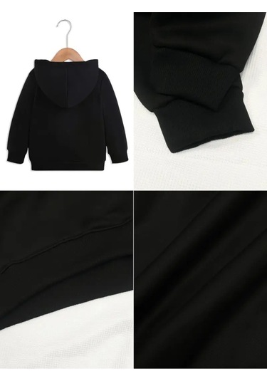 Kışlık Kapüşonlu Sweatshirt, Çocuk Çiçekler M Harfli Baskılı SiYAH