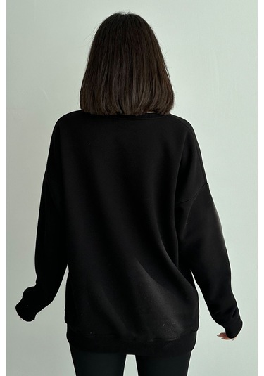 Kadın Siyah Aslan Baskılı Oversize Sweatshirt Siyah