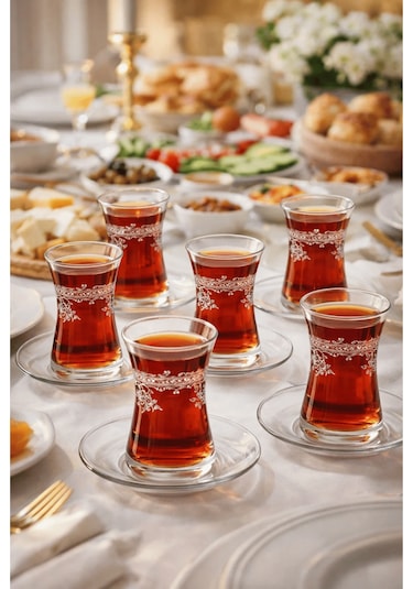 Florale Model Desenli Şeffaf Cam Çay Seti 12 Parça Çay Takımı Şeffaf