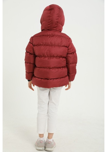 Kız Çocuk Bordo İçi Polarlı Kapüşonlu Su Geçirmez Rüzgara Dayanıklı Cepli Şişme Kışlık Mont Bordo