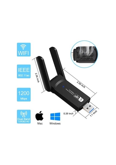 Vothoon Dual Band USB 3.0 Adaptör Kablosuz Wi-Fi Alıcı Ac1200 Mbp