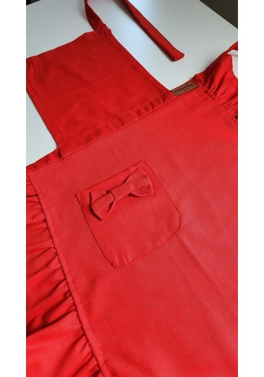 Keten Fırfırlı Bohem Mutfak Önlüğü Kırmızı