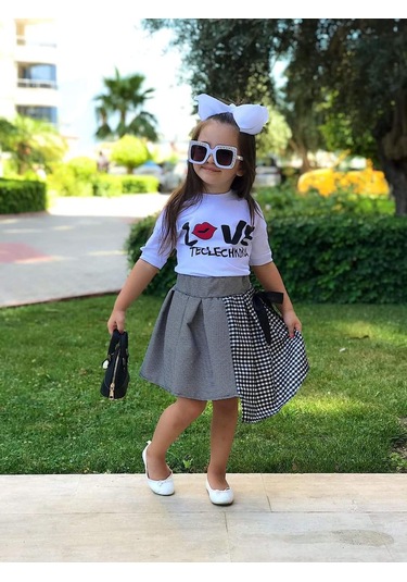 Modavals Love Baskılı Yırtmaç Kol Detaylı Pötükare Etekli Kız Çocuk Etekli Alt Üst Takım Çok Renkli