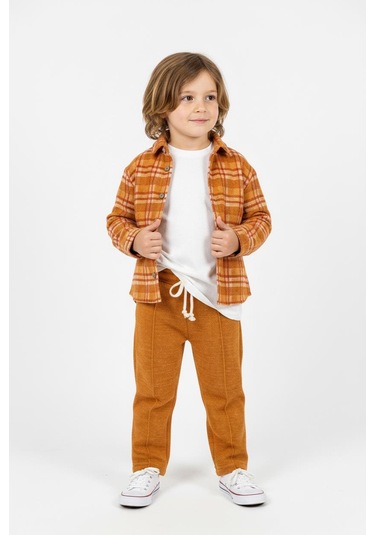 Turuncu Ekoseli Gömlekli 3lü Takım Kiremit
