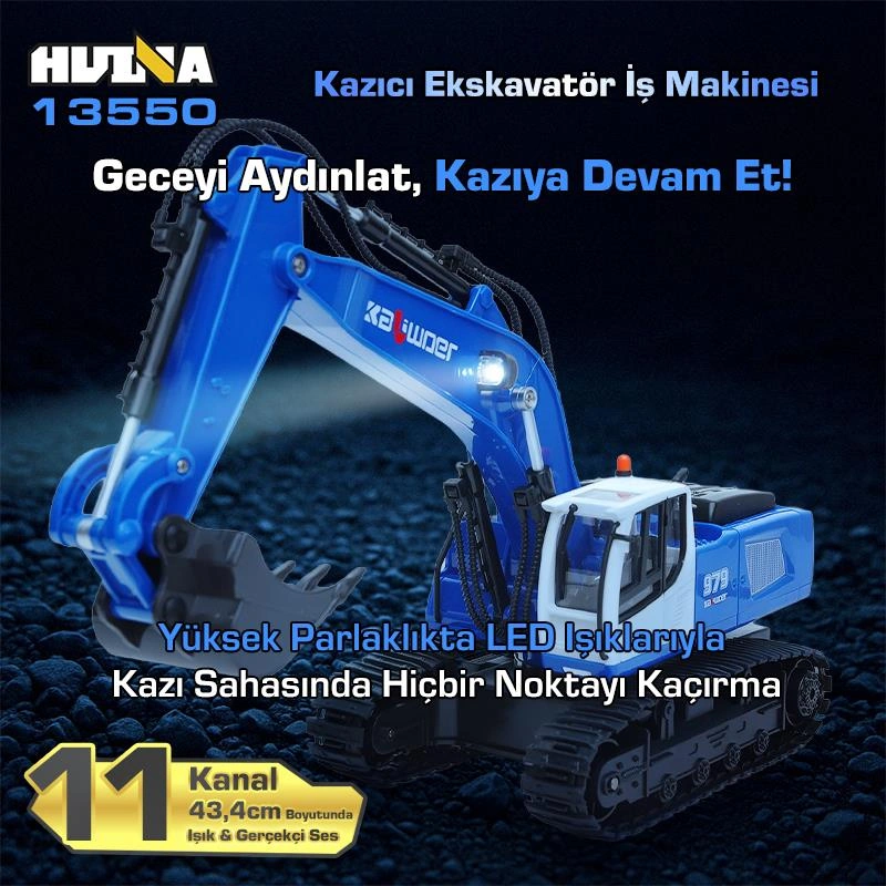 Huına Kaliwo 13550 1/18 11ch Kazıcı Ekskavatör İş Makinesi İnşaat Uzaktan Kumandalı Rc Model Metal Kepçeli Mavi - 2.4ghz Gerçekçi Similasyon Ses Ve Işık Sistemi Huına13550/blue