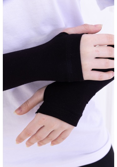 Parmak Geçmeli Likralı Kolluk Siyah - Kadın Tesettür Düz Namaz Kolluğu 1 Çift Viskon Hijab Siyah