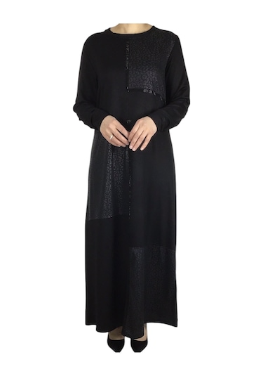 Kadın Önü Deri Detaylı Uzun Elbise Siyah