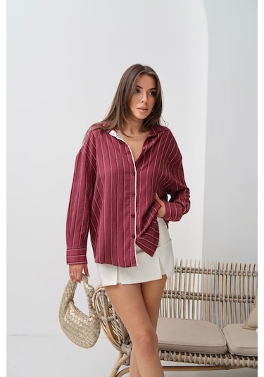 Paw Garage Kadın Monroe Dantel Işlemeli Yazlık Gömlek, Dokuma Modal Kumaş Oversize Gömlek Bordo