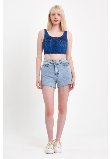 Kadın Önü Düğmeli Cep Detaylı Askılı Denim Crop Lacivert