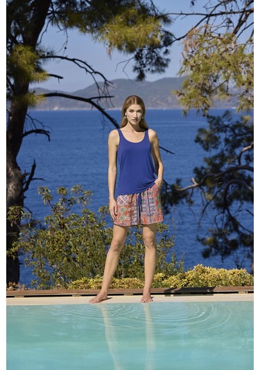 Monamise Kadın Etnik Desenli Oyuk Yaka Askılı Alt Üst Takım 25030 Saks