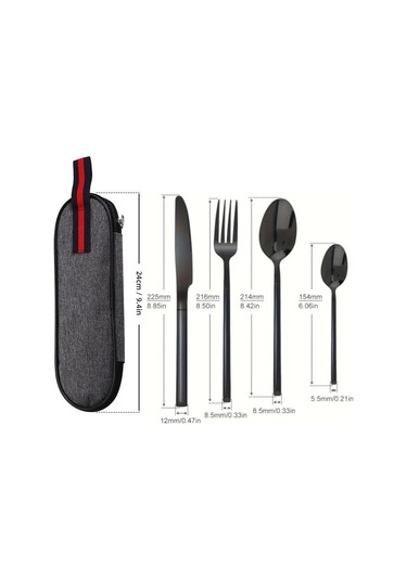 Valkyrie Çantalı Yolculuk Çatal Kaşık Bıçak Seti Kişiye Özel 1. Sınıf Paslanmaz Çelik Ofis Okul Kamp Restaurant C3404 Siyah