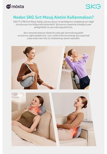 Skg T1-2 Pro Masaj Yastığı, Termoterapi-ısı Terapisi, Bel, Kalça, Sırt, Omuz Boyun Masaj Aleti Gri