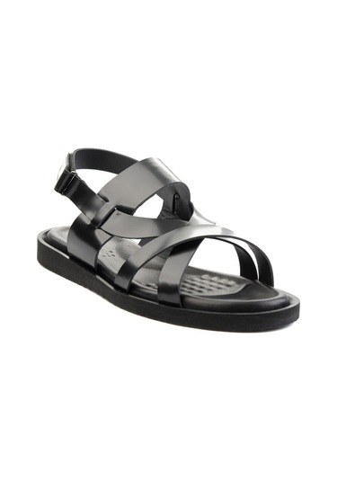 Siyah Hakiki Deri Erkek Sandalet Siyah